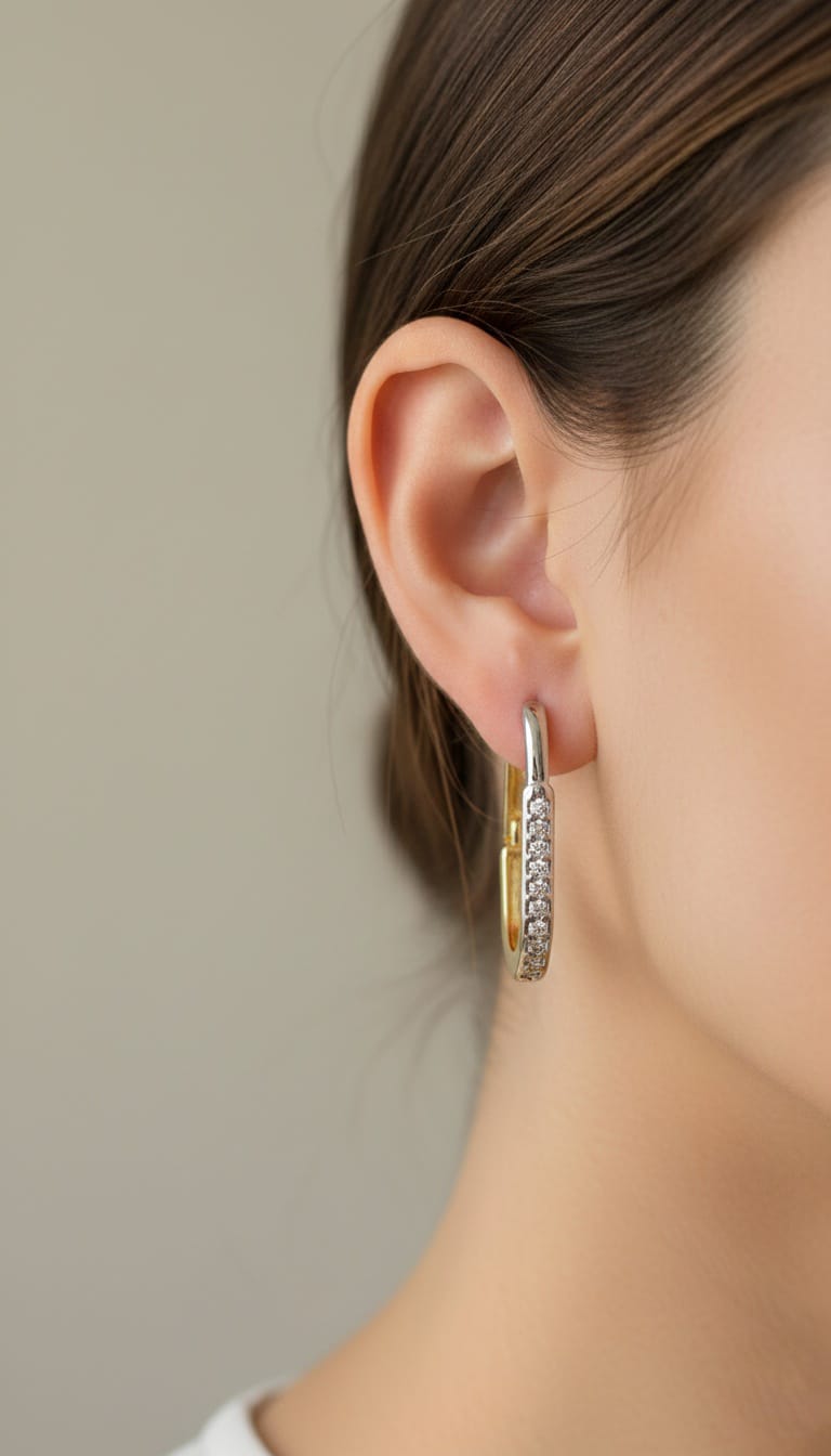 Bi-Takı | Çelik Zirkon Taşlı Geometrik Halka Küpe