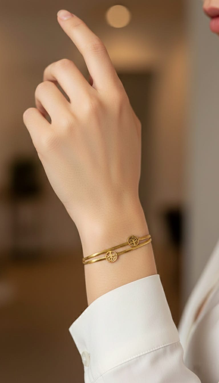 Bi-Takı | Çift Zincir Hayat Ağacı Çelik Bileklik | Gold